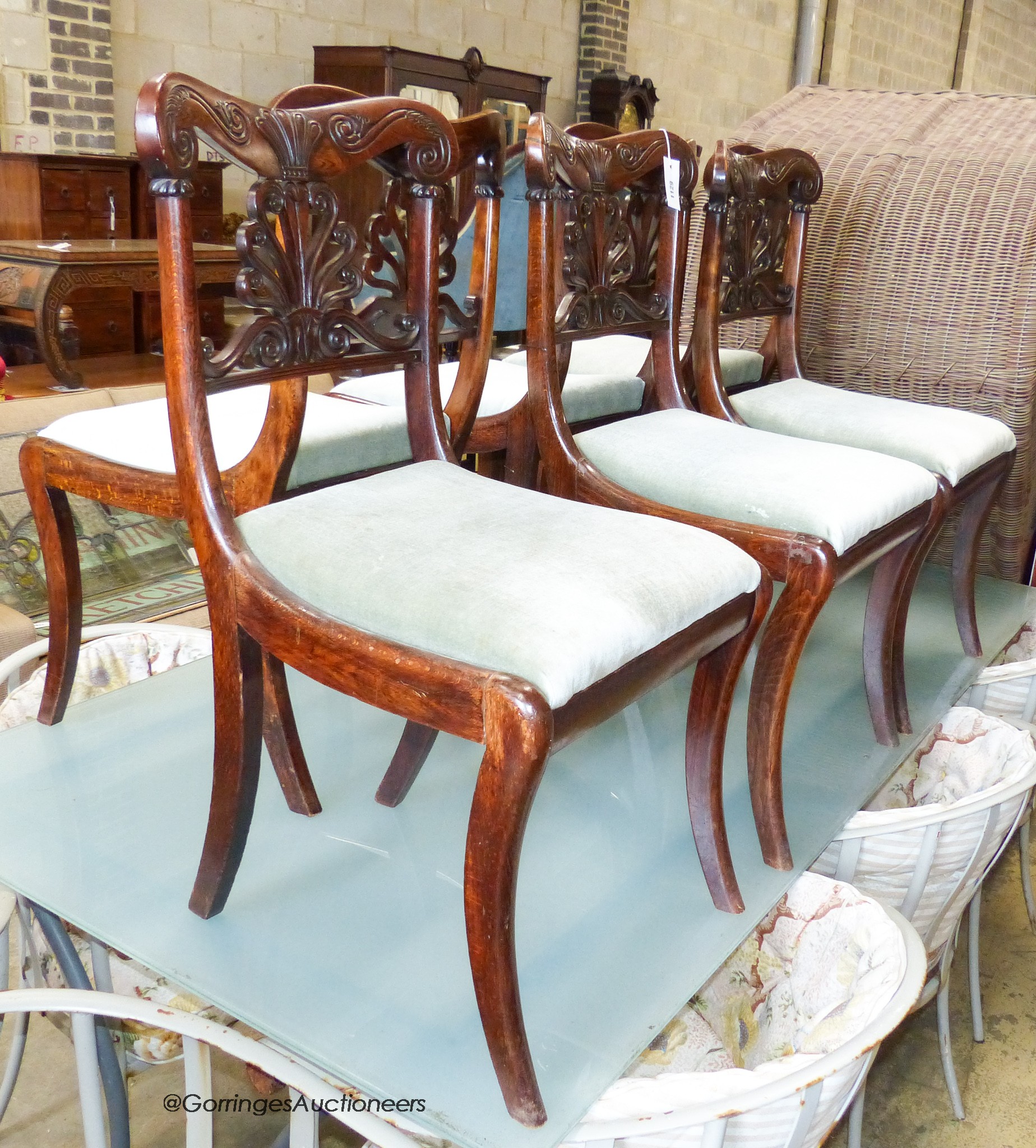 A set of six Regency beech, simulated rosewood dining chairs, possibly Irish.